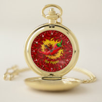 Hot Pepper with flame on Red Background Pocket Wat Pocket Watch