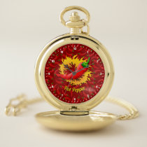 Hot Pepper with flame on Red Background Pocket Wat Watch
