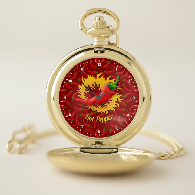 Hot Pepper with flame on Red Background Pocket Wat Watch (Inside)