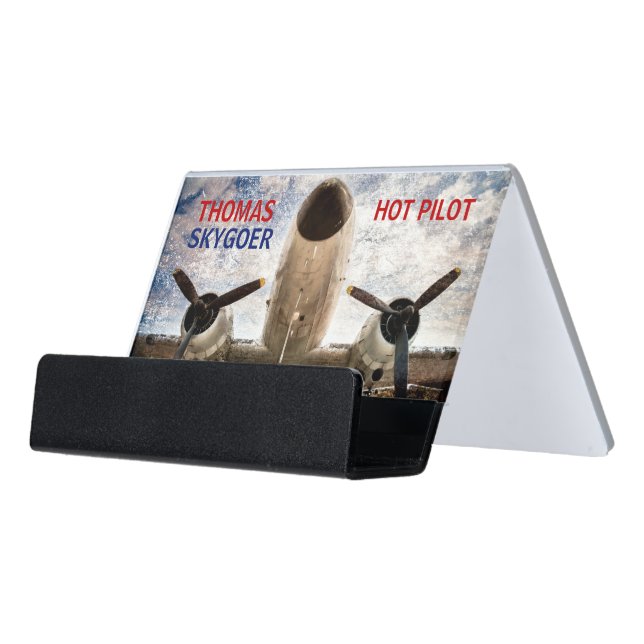 Hot pilot charter airline funny customizable desk business card holder (Angled Front)