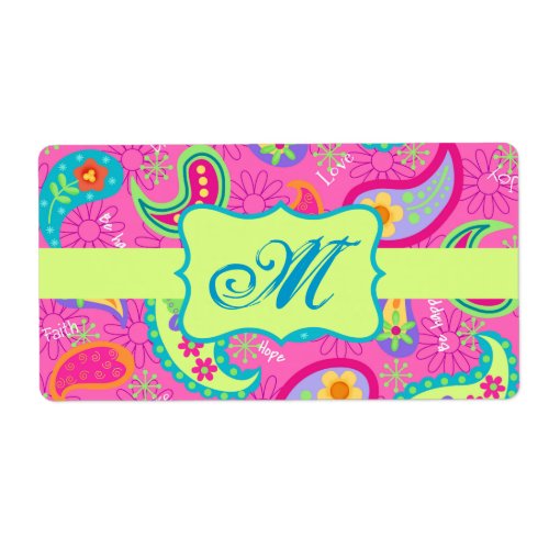 Hot Pin Fuchsia Modern Paisley Pattern Monogram Label