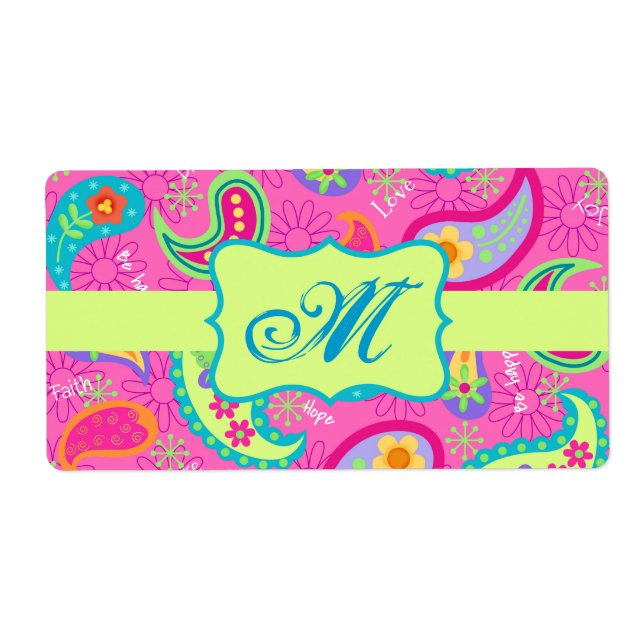 Hot Pin Fuchsia Modern Paisley Pattern Monogram Label (Front)