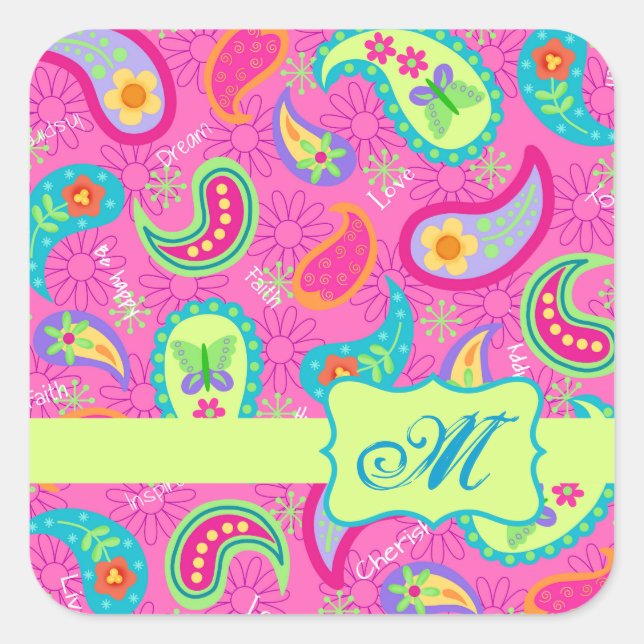Hot Pin Fuchsia Modern Paisley Pattern Monogram Square Sticker (Front)