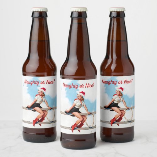 Hot Pin Up Girl Naughty or Nice Christmas Party Beer Bottle Label