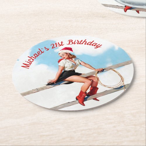 Hot Pin Up Girl Vintage Merry Christmas Round Paper Coaster