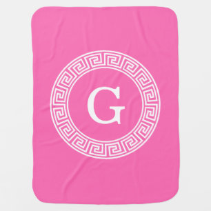 Hot Pink2 Wht Greek Key Rnd Frame Initial Monogram Baby Blanket