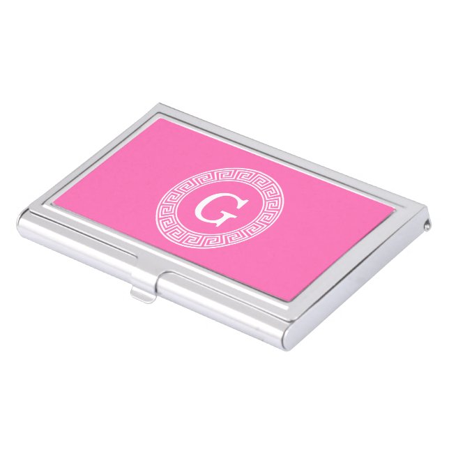 Hot Pink2 Wht Greek Key Rnd Frame Initial Monogram Case For Business Cards (Front)