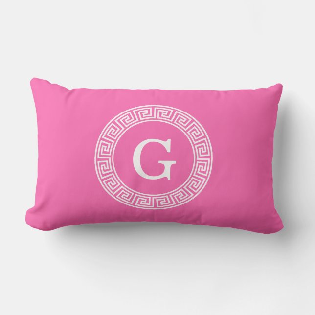 Hot Pink2 Wht Greek Key Rnd Frame Initial Monogram Lumbar Pillow (Front)