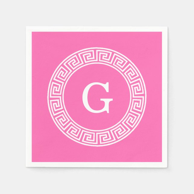 Hot Pink2 Wht Greek Key Rnd Frame Initial Monogram Napkins (Front)