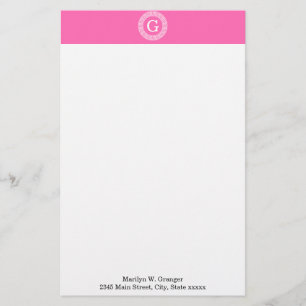 Hot Pink2 Wht Greek Key Rnd Frame Initial Monogram Stationery