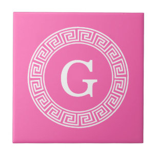 Hot Pink2 Wht Greek Key Rnd Frame Initial Monogram Tile