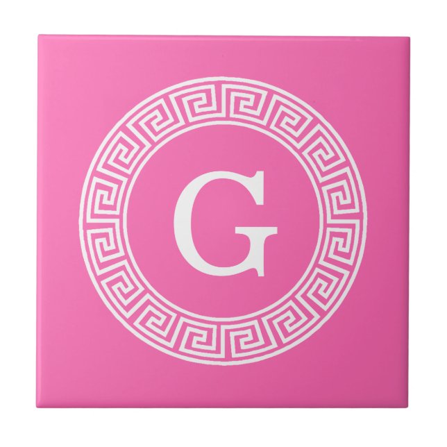 Hot Pink2 Wht Greek Key Rnd Frame Initial Monogram Tile (Front)