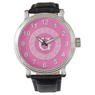 Hot Pink2 Wht Greek Key Rnd Frame Initial Monogram Watch