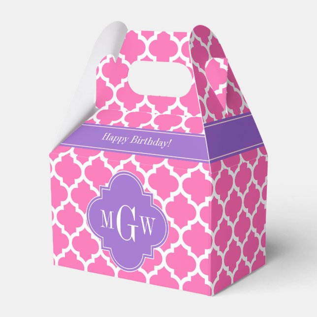 Hot Pink2 Wht Moroccan #5 Amethyst 3 Init Monogram Favor Boxes (Front Side)