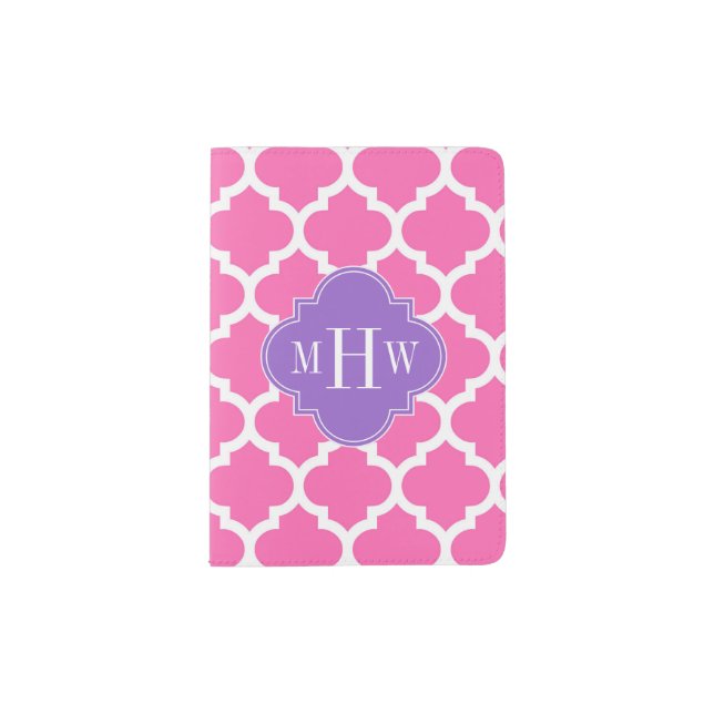 Hot Pink2 Wht Moroccan #5 Amethyst 3 Init Monogram Passport Holder (Front)