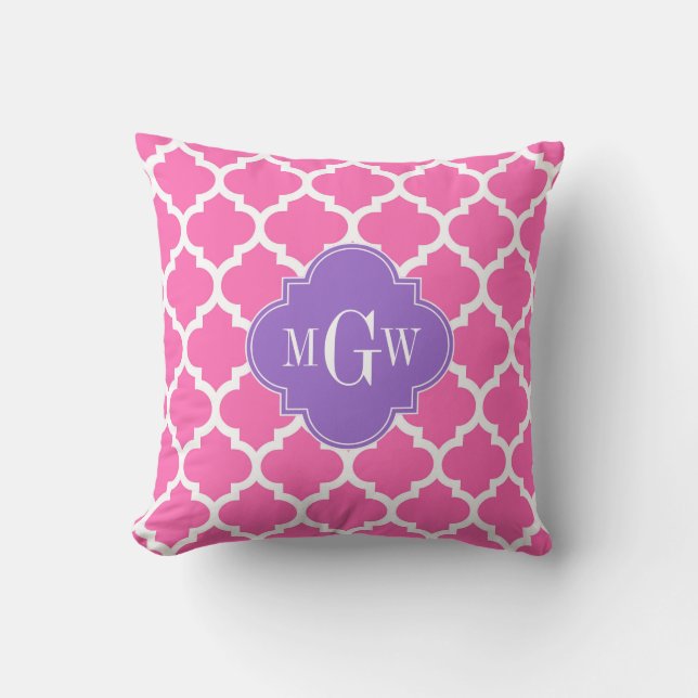 Hot Pink2 Wht Moroccan #5 Amethyst 3 Init Monogram Throw Pillow (Front)