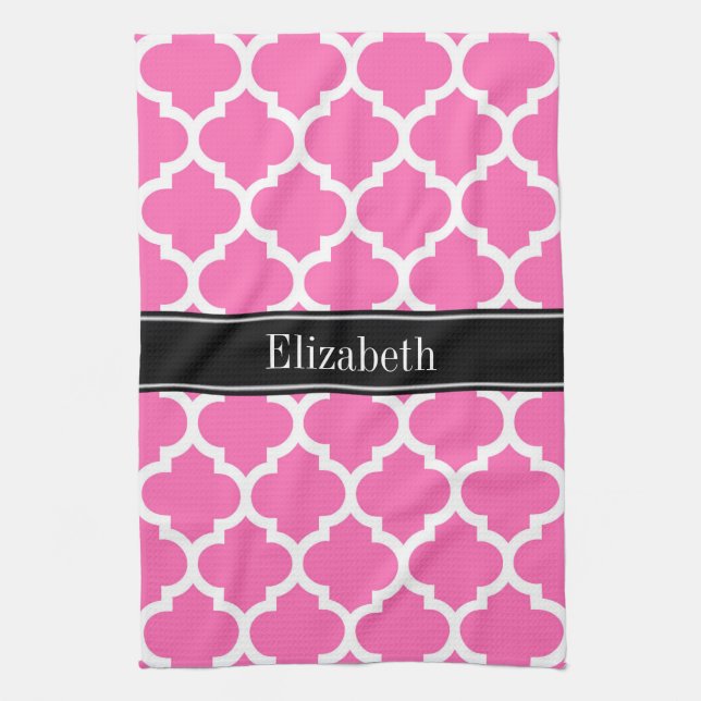 Hot Pink2 Wht Moroccan #5 Black Name Monogram Kitchen Towel (Vertical)