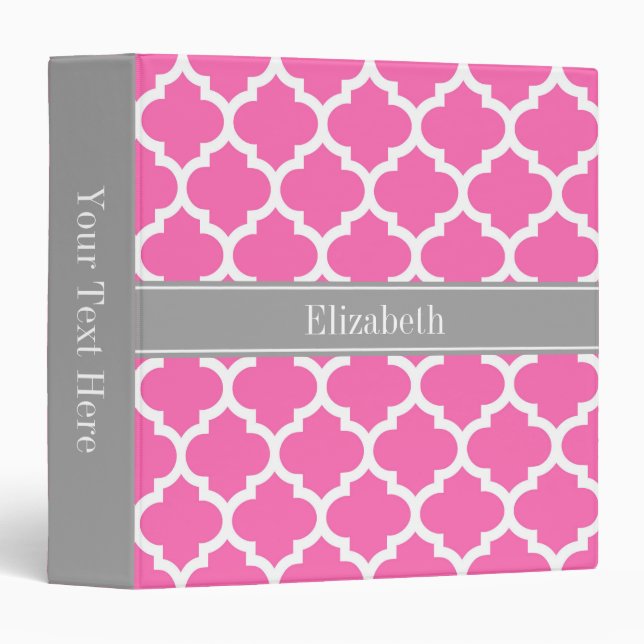 Hot Pink2 Wht Moroccan #5 Dark Gray Name Monogram 3 Ring Binder (Front/Spine)