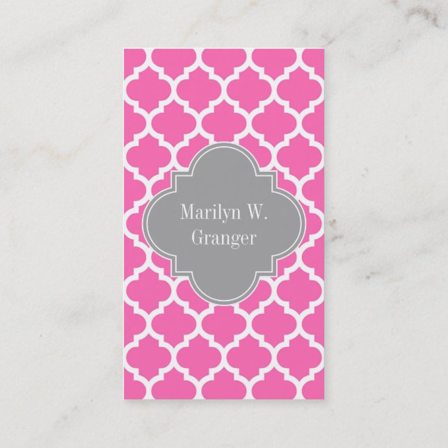 Hot Pink2 Wht Moroccan #5 Dark Gray Name Monogram Business Card (Back)