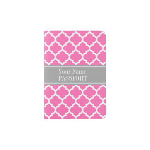 Hot Pink2 Wht Moroccan #5 Dark Gray Name Monogram Passport Holder