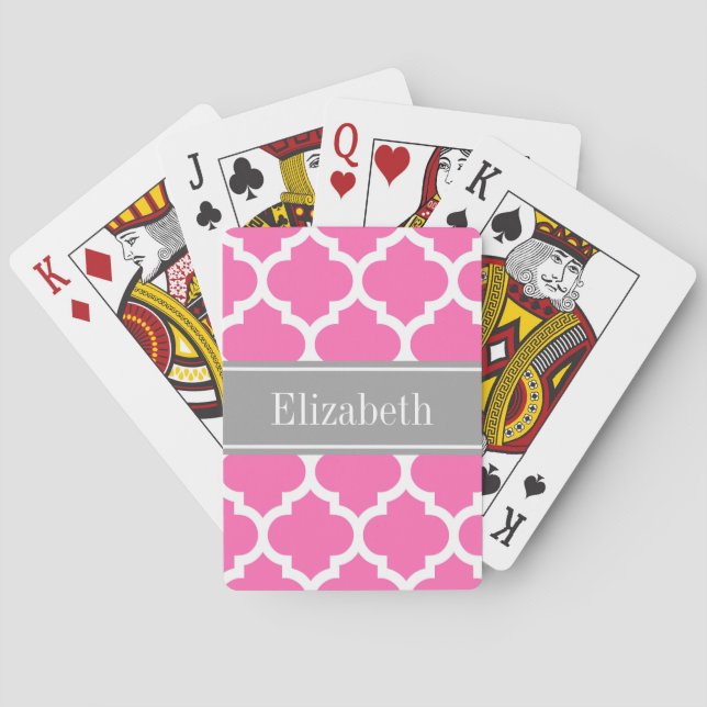 Hot Pink2 Wht Moroccan #5 Dark Gray Name Monogram Poker Cards (Back)