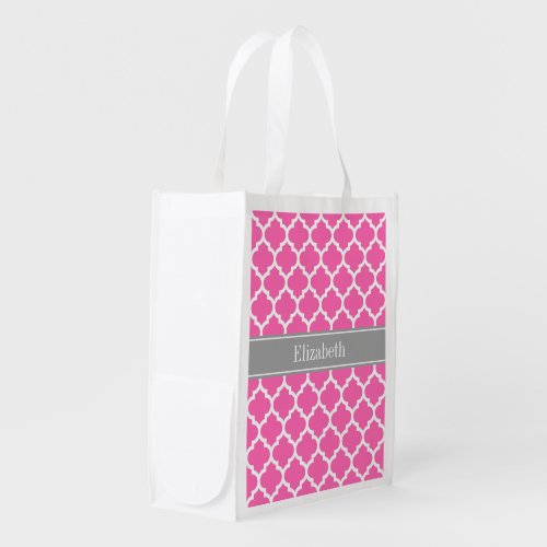 Hot Pink2 Wht Moroccan 5 Dark Gray Name Monogram Reusable Grocery Bag