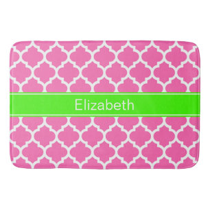 Hot Pink2 Wht Moroccan #5 Lime Green Name Monogram Bath Mat