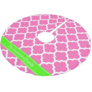Hot Pink2 Wht Moroccan #5 Lime Green Name Monogram Brushed Polyester Tree Skirt