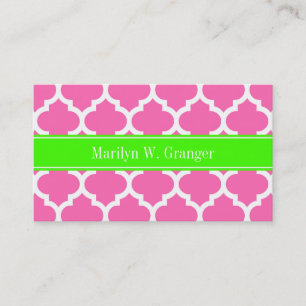 Hot Pink2 Wht Moroccan #5 Lime Green Name Monogram Business Card
