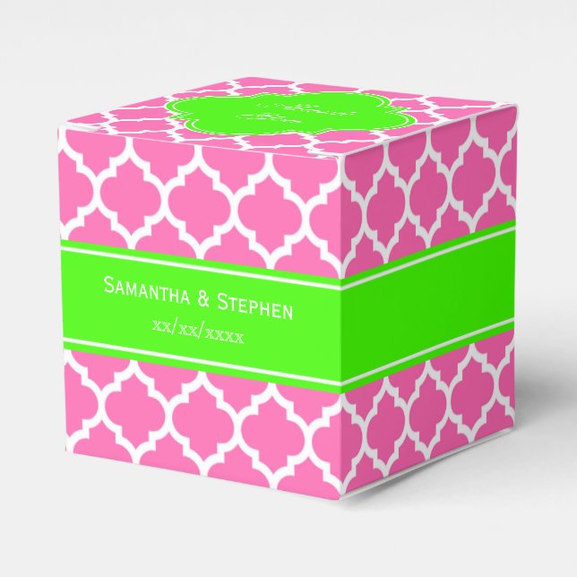 Hot Pink2 Wht Moroccan #5 Lime Green Name Monogram Favor Boxes (Front Side)