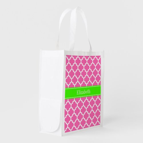 Hot Pink2 Wht Moroccan 5 Lime Green Name Monogram Reusable Grocery Bag