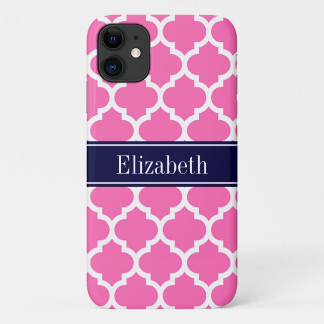 Hot Pink2 Wht Moroccan #5 Navy Blue Name Monogram Case-Mate iPhone Case (Back)