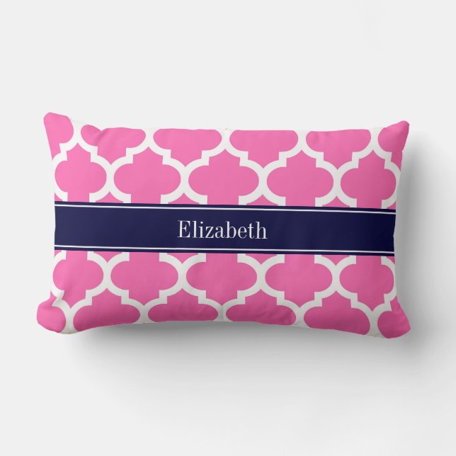 Hot Pink2 Wht Moroccan #5 Navy Blue Name Monogram Lumbar Pillow (Front)