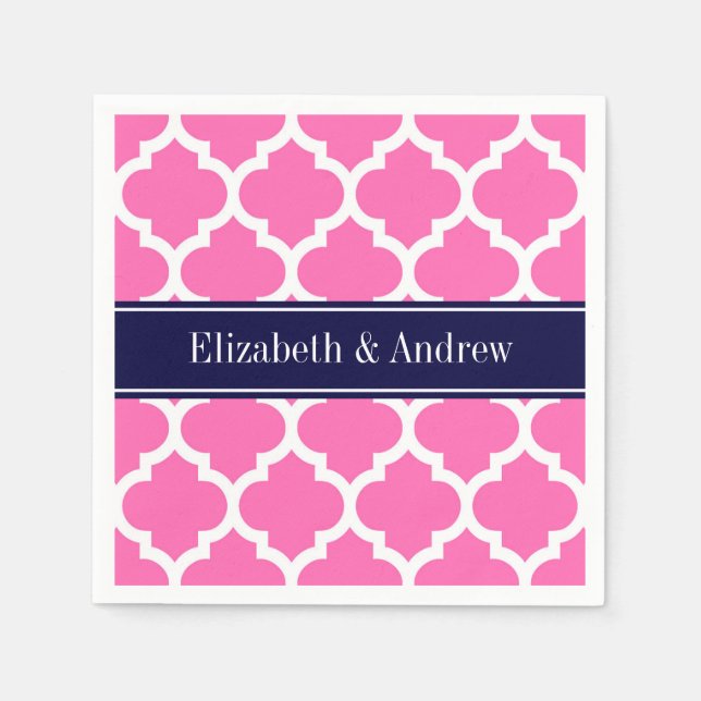 Hot Pink2 Wht Moroccan #5 Navy Blue Name Monogram Napkins (Front)
