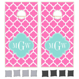 Hot Pink2 Wt Moroccan #5 Turquoise 3 Init Monogram Cornhole Set