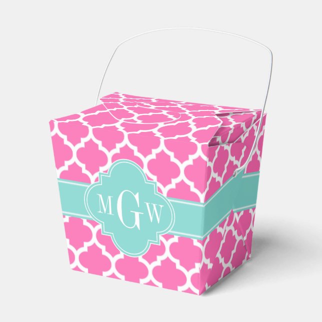 Hot Pink2 Wt Moroccan #5 Turquoise 3 Init Monogram Favor Boxes (Front Side)
