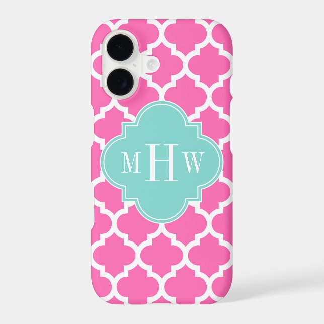 Hot Pink2 Wt Moroccan #5 Turquoise 3 Init Monogram Iphone Case (Back)