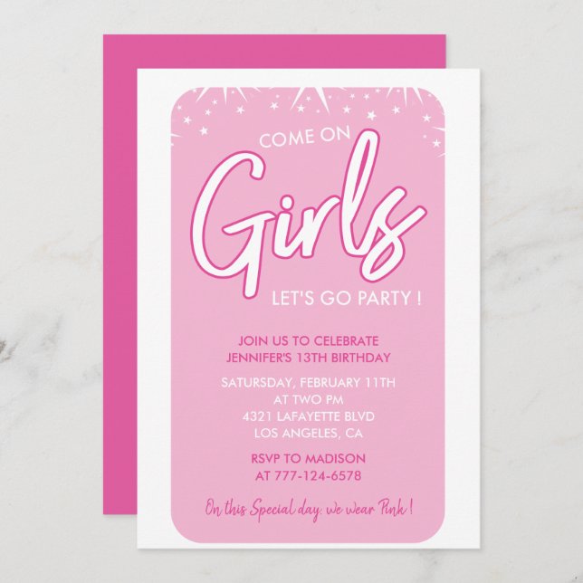Hot pink 13th birthday invitations Fun Modern (Front/Back)