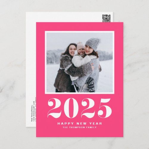 Hot Pink 2025 Bold Typography New Year Photo Holiday Postcard