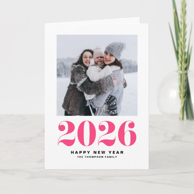 Hot Pink 2026 Bold Typography New Year Photo Holiday Card (Front)