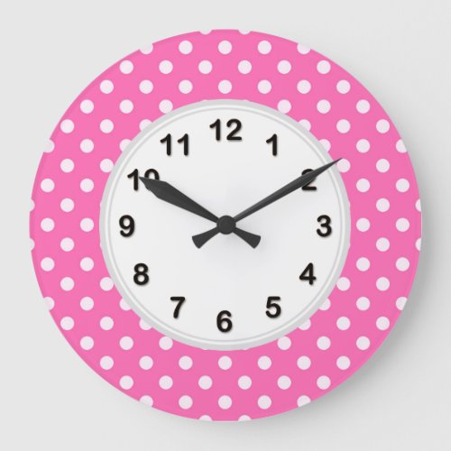 Hot Pink 2 and White Polka Dots Pattern Large Clock