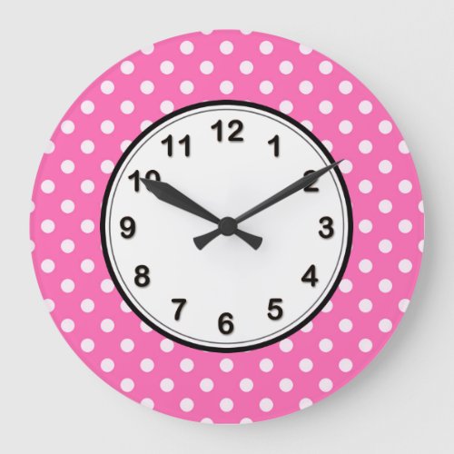 Hot Pink 2 and White Polka Dots Pattern Large Clock