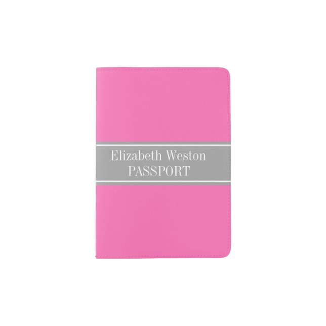 Hot Pink #2, Dark Gray Ribbon Name Monogram Passport Holder (Front)
