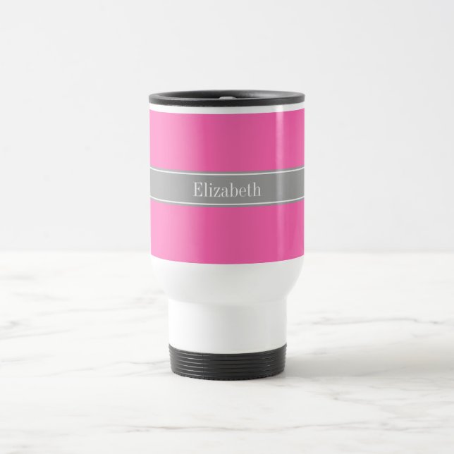 Hot Pink #2, Dark Gray Ribbon Name Monogram Travel Mug (Center)