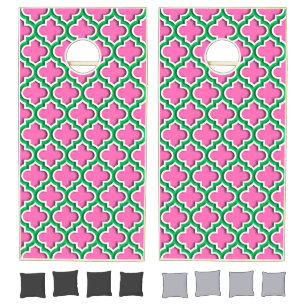 Hot Pink #2, Emerald, Wht Moroccan Quatrefoil #5DS Cornhole Set