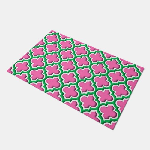 Hot Pink 2 Emerald Wht Moroccan Quatrefoil 5DS Doormat