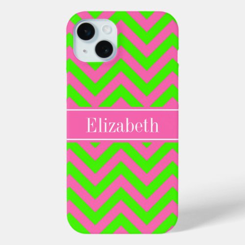 Hot Pink 2 Lime Green LG Chevron Name Monogram iPhone 15 Plus Case