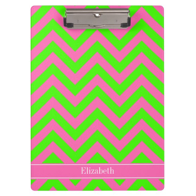 Hot Pink #2 Lime Green LG Chevron Name Monogram Clipboard (Front)