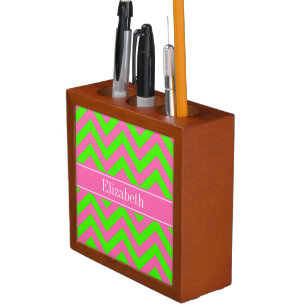 Hot Pink #2 Lime Green LG Chevron Name Monogram Pencil Holder