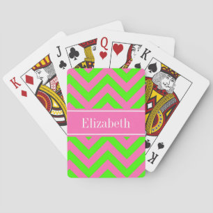 Hot Pink #2 Lime Green LG Chevron Name Monogram Poker Cards
